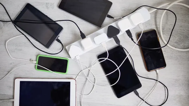 A number of devices including two iPhones, an Andriod tablet and an iPad plugged in and charging on an extension lead. The extension lead is full